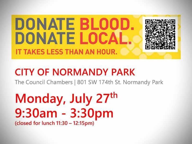 Bloodworks Northwest holding Blood Drive at Normandy Park City Hall on Monday, July 27